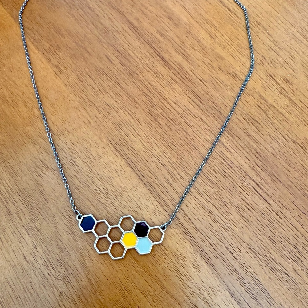 Hexagon Honeycomb Pendant Necklace with Grey and Yellow Accents